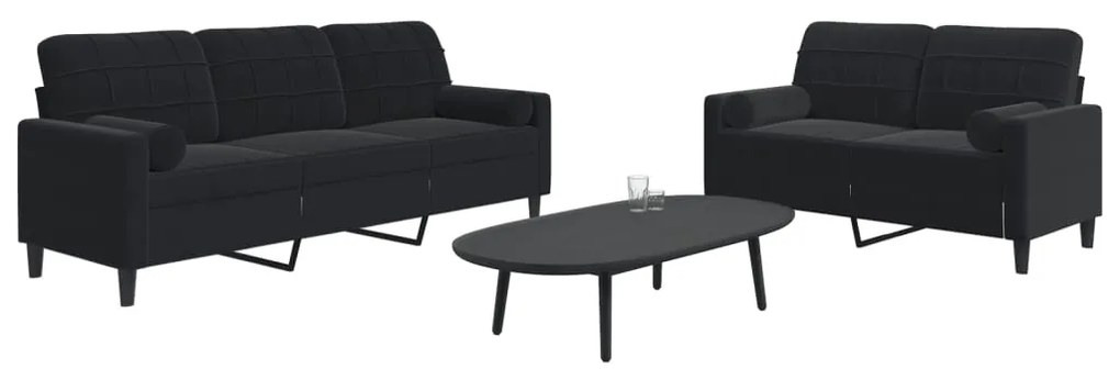 Set Di Divani 2 Pz Con Cuscini E Rinforzi Nero İn Velluto /