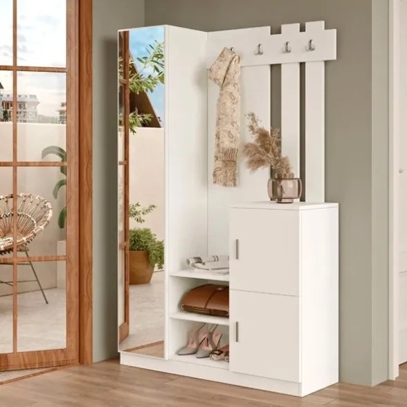 Mobile Ingresso Con Scarpiera Appendiabiti E Specchio 113x35x180 Bianco Roger