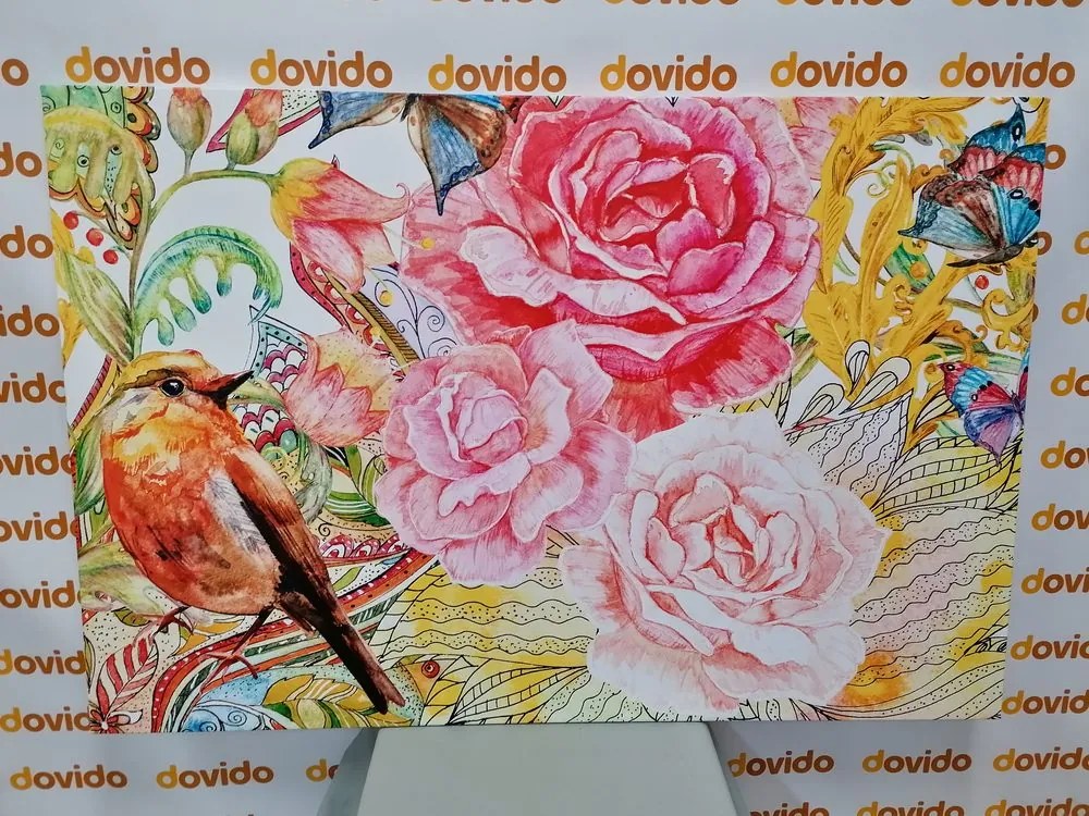 Quadro su tela – Uccellino vintage con fiori