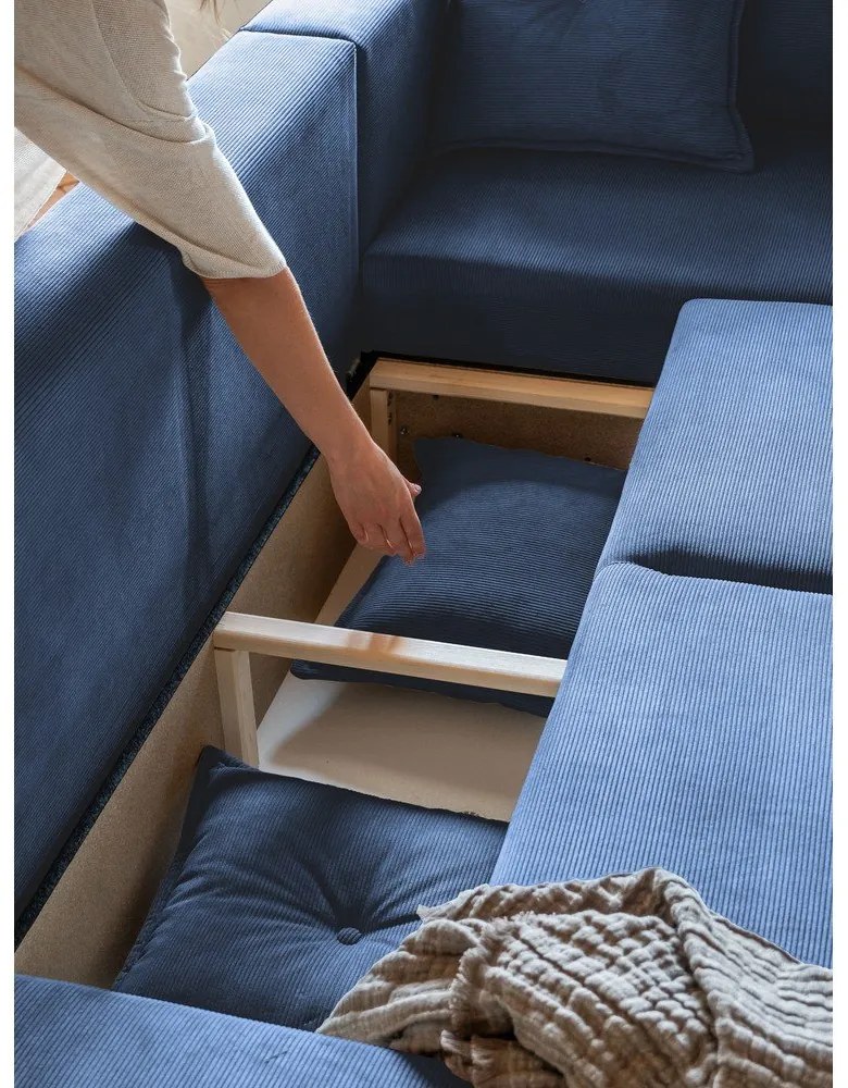 Divano letto angolare in velluto a coste blu scuro (angolo destro) Lazy Lukka - Miuform