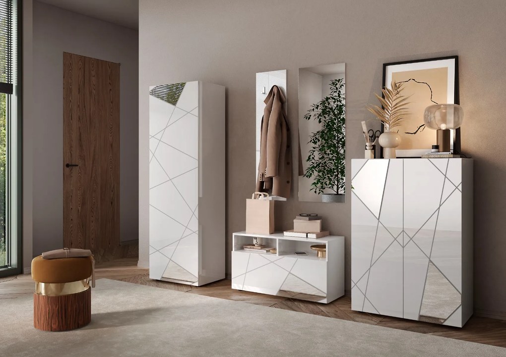 Mobile ingresso con 1 ribalta 91 x 49cm Bianco lucido/specchio - Fox