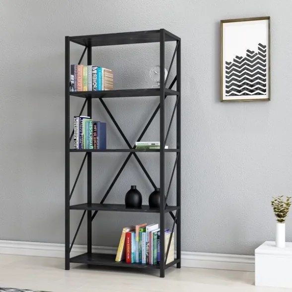 Libreria Industrial 5 Ripiani 64x30x150 Frida Effetto Marmo Nero