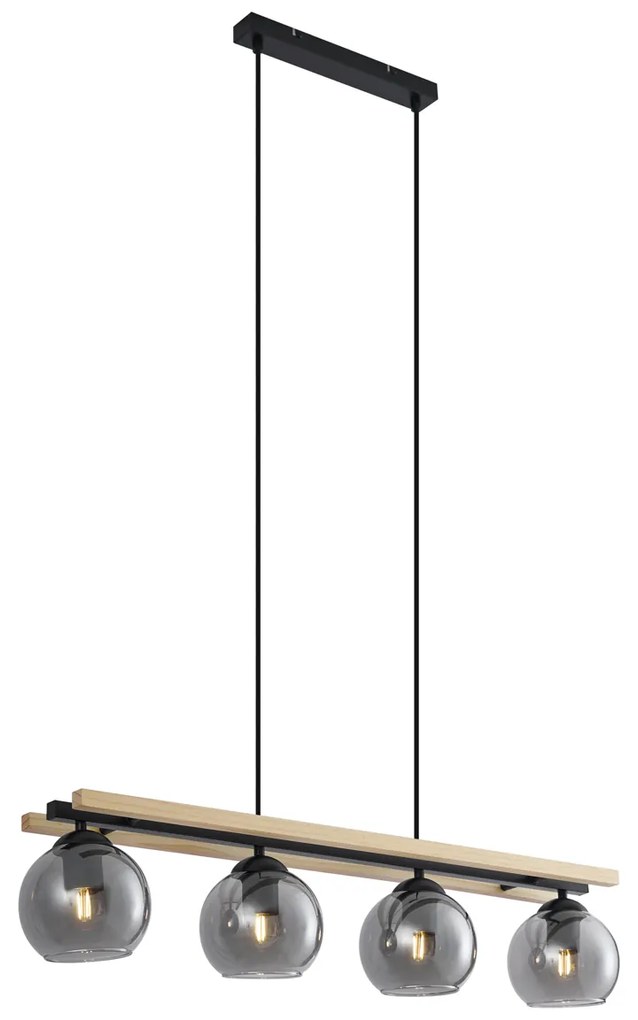 Smart hanglamp zwart met hout en smoke glas 4-lichts incl. Wifi A60 - Aleks