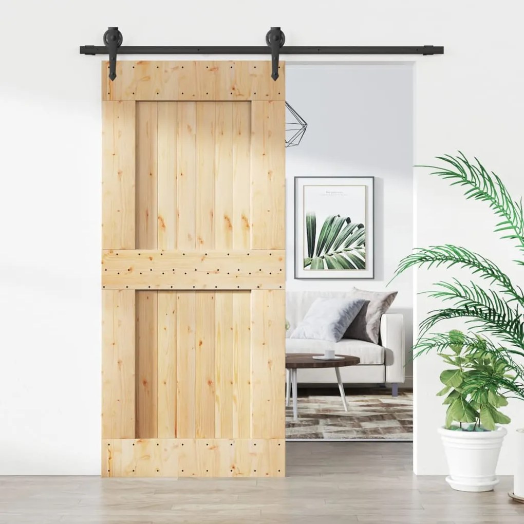Porta Scorrevole Con Set Hardware 90x210 Cm Legno Massello Pino /