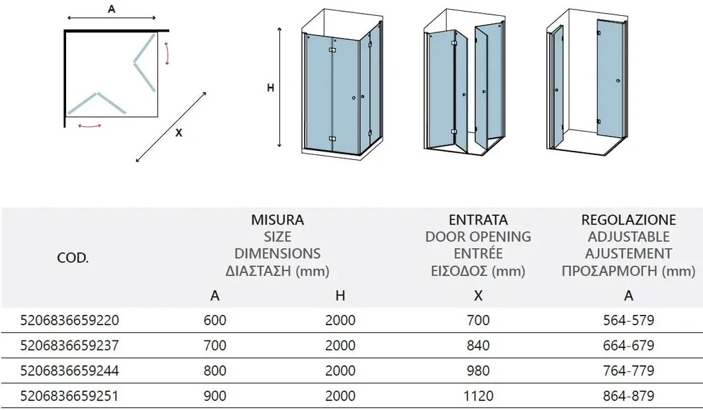 Box Doccia H200 Doppia Anta a Libro Trasparente Profili Neri 6mm Anticalcare