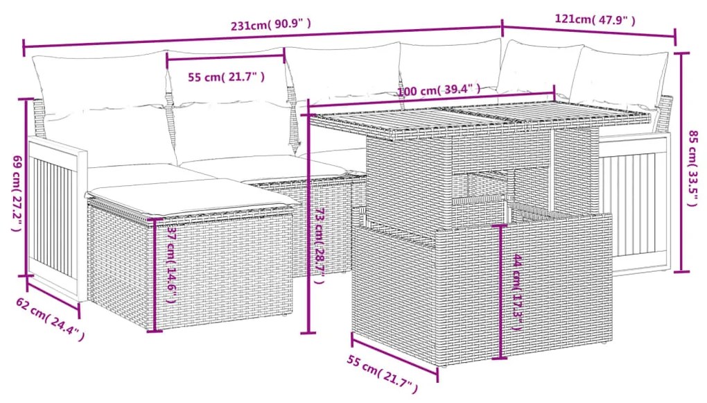 Set divani da giardino con cuscini 7pz nero polyrattan