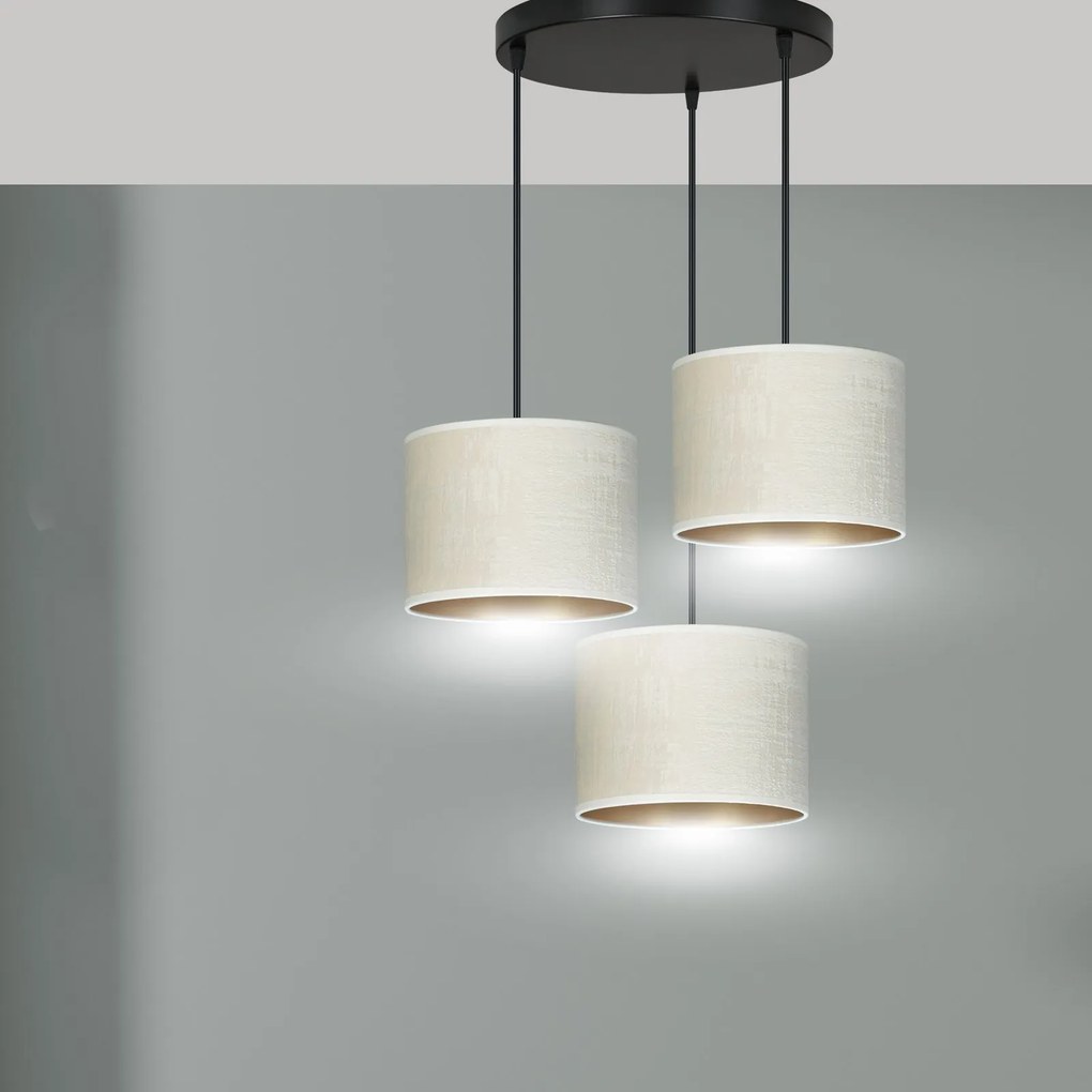 Lampadario Tondo 3 Luci Hilde In Acciaio Nero E Paralumi In Tessuto Beige