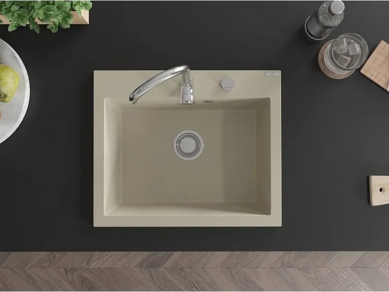 Mexen Elix lavello in granito a 1 vasca 600 x 500 mm, beige, sifone cromato - 6525601005-69