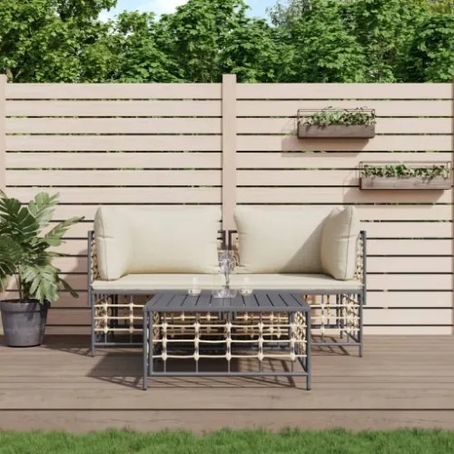 Set Divani da Giardino 3 pz con Cuscini Antracite in Polyrattan