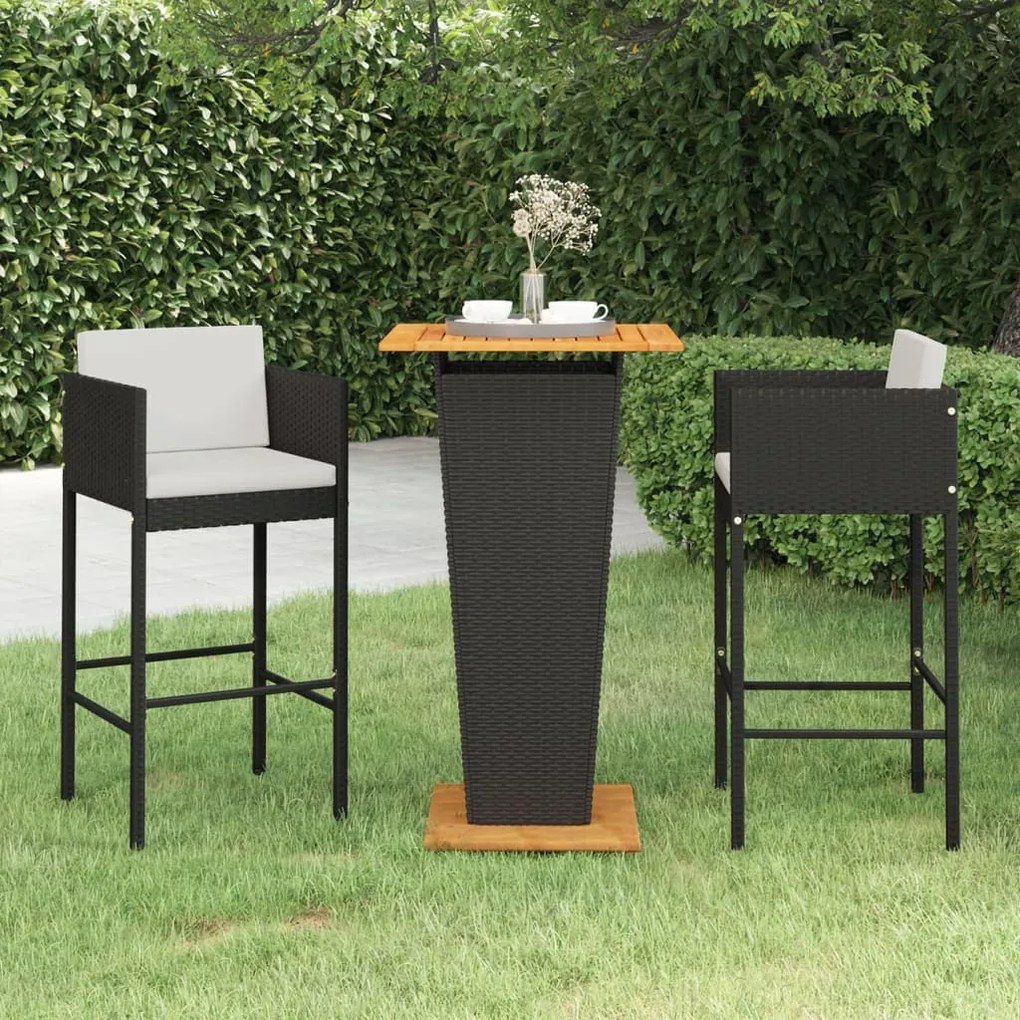 Set Bar Da Giardino 3 Pz Con Cuscini Polyrattan Nero /