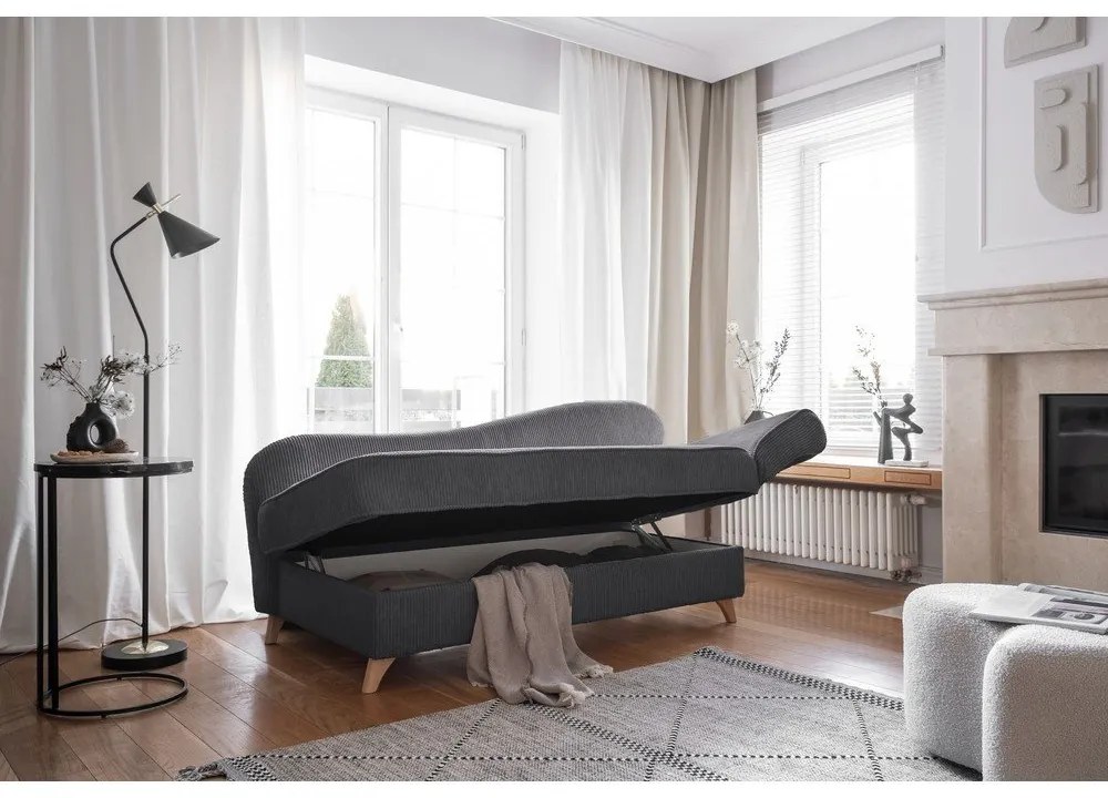 Chaise longue grigia (con penisola a destra) con rivestimento in velluto a coste Chic Charlotte – Miuform