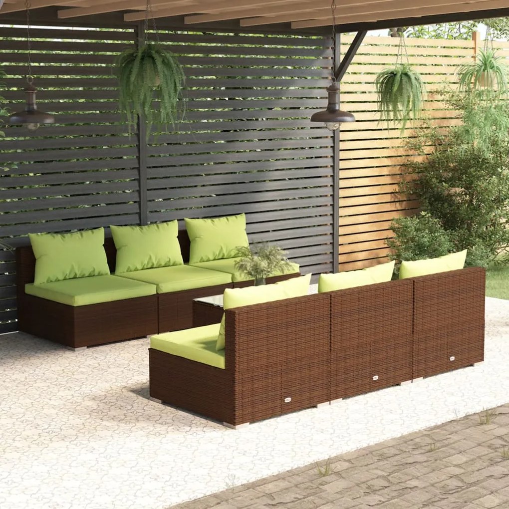 Set divani da giardino 7 pz con cuscini in polyrattan marrone