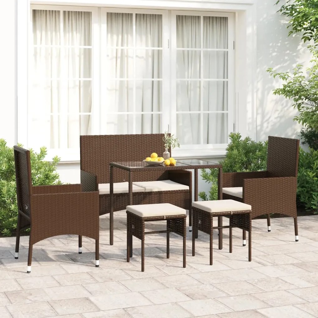 Set mobili da giardino 6pz con cuscini in polyrattan marrone