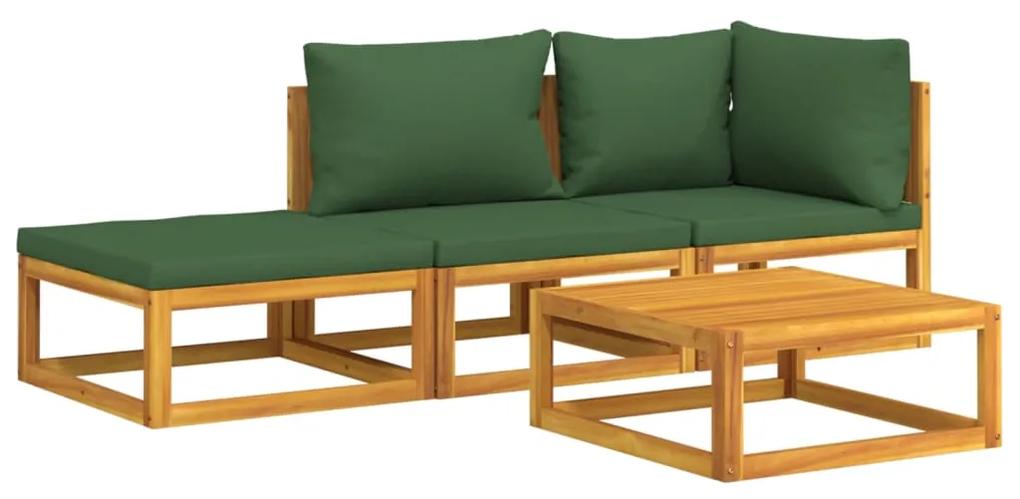Set salotto da giardino 4 pz con cuscini verdi legno massello
