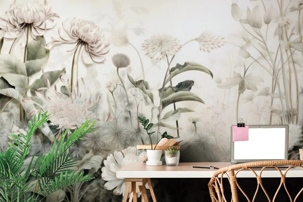 Carta da parati – Fiori avvolti dalla natura con contrasto beige