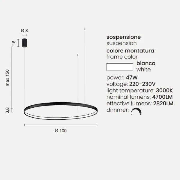 Lampada a sospensione con cerchio orizzontale in metallo Bianco 100 cm NOVA