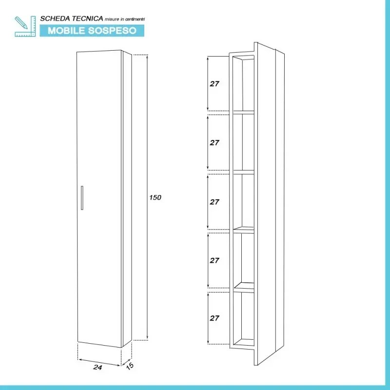 Pensile bagno sospeso 150 cm rovere dolomite con anta reversibile Desya