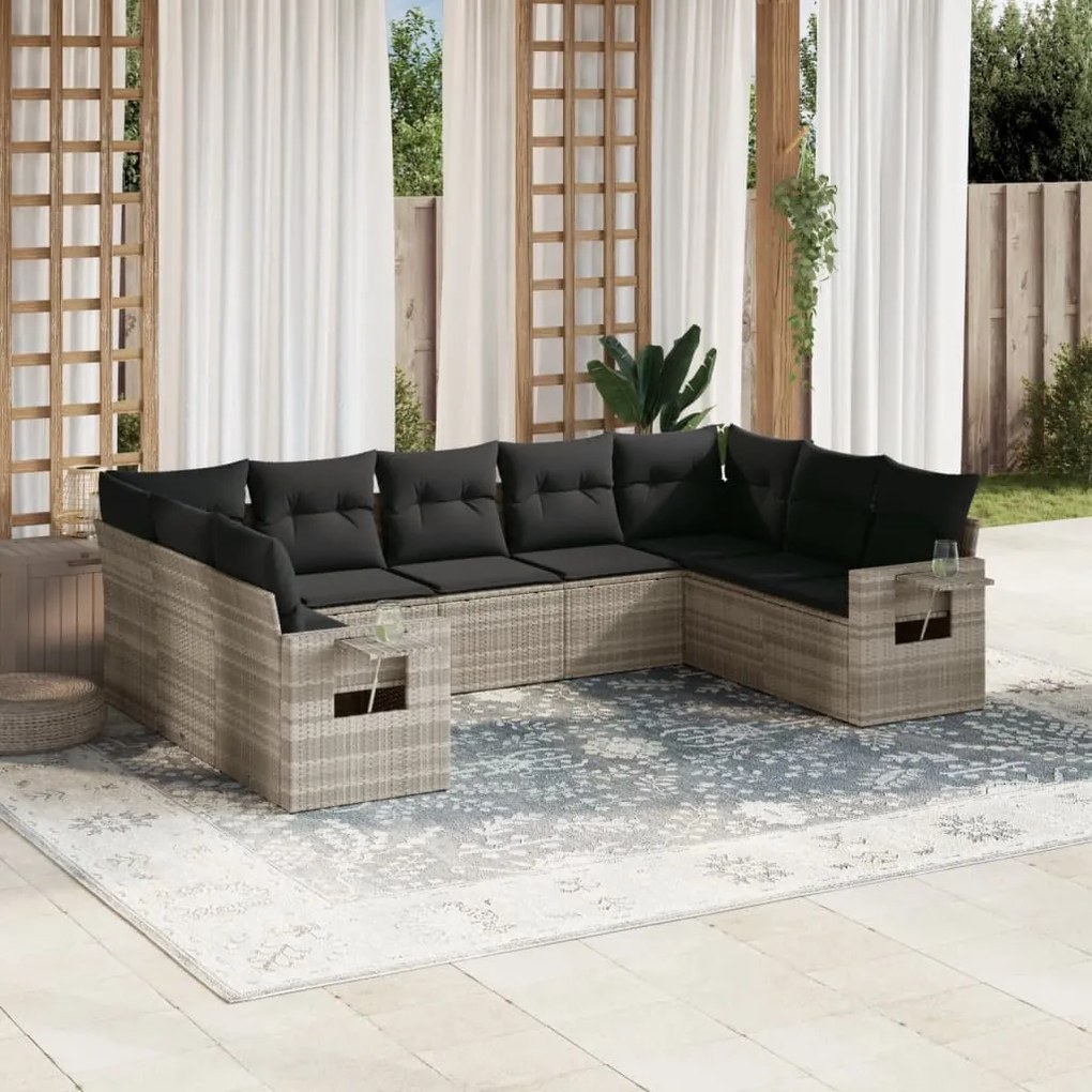 Set divano da giardino 9pz con cuscini grigio chiaro polyrattan