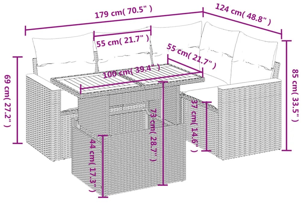 Set divano da giardino 5 pz con cuscini beige in polyrattan