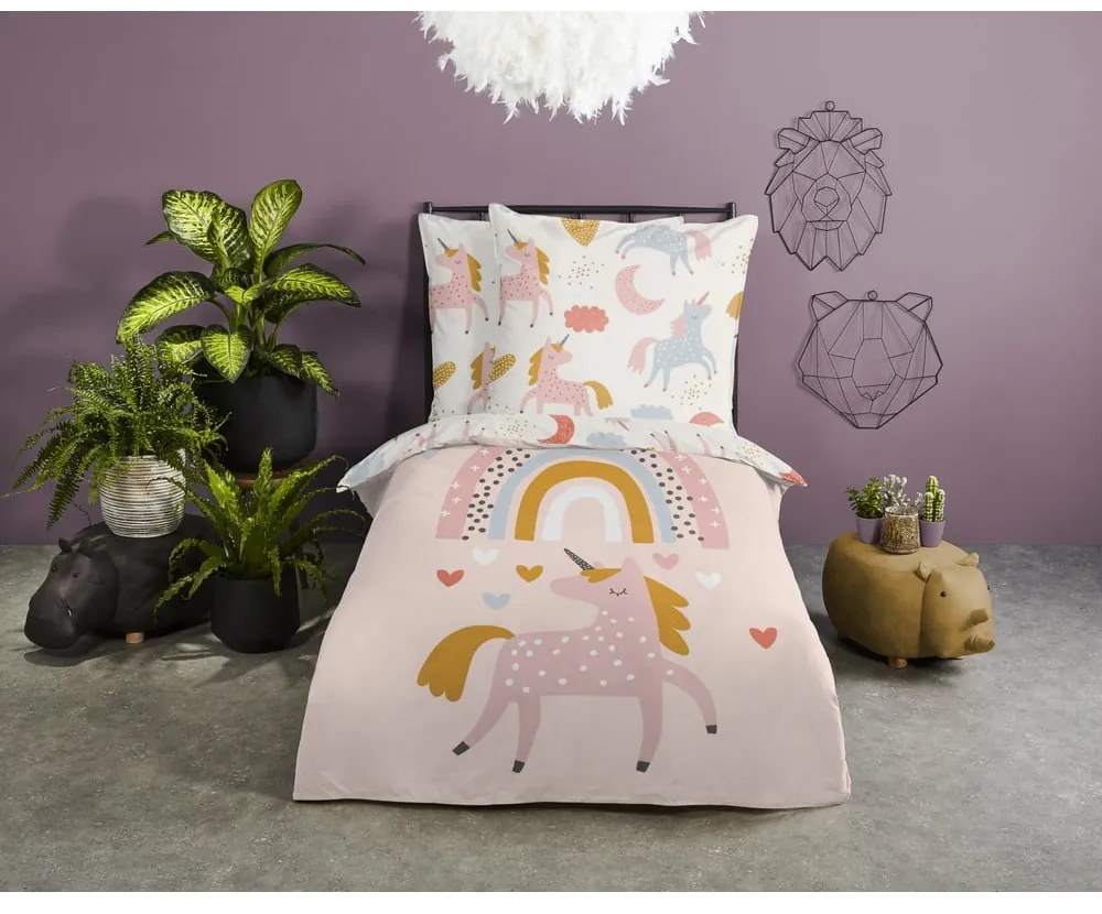 Set copripiumino e federa da bambini rosa in cotone per letto singolo 140x200 cm Unilove – Good Morning