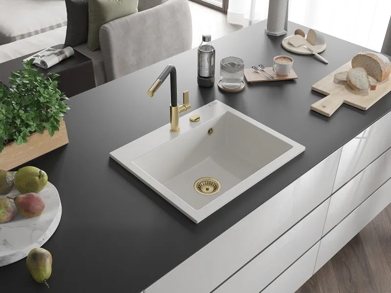 Mexen Oscar lavello in granito 1-vasca 580 x 490 mm, bianco, sifone dorato - 6519581000-20-G