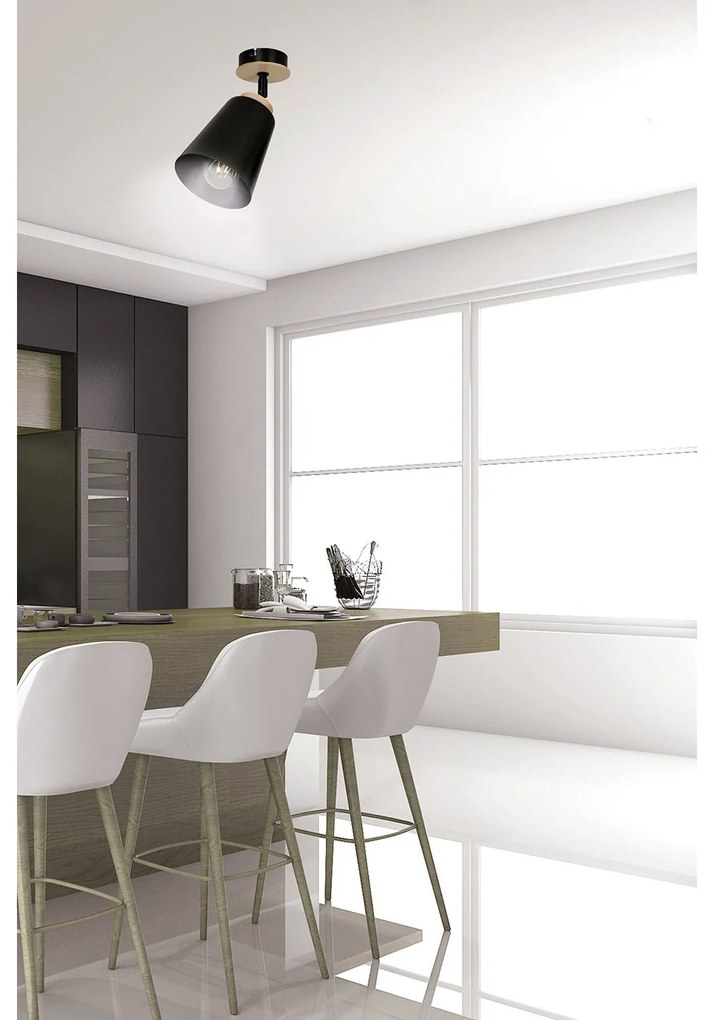 Plafoniera A Faretto Spot 1 Luce In Acciaio Nero E Legno Naturale