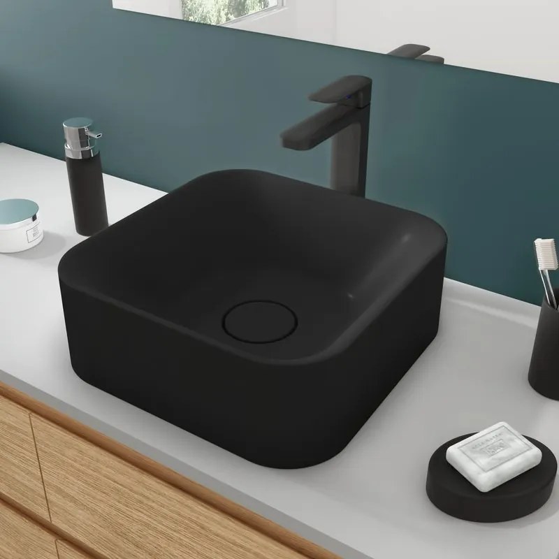 Lavabo da appoggio SENSEA quadrato piletta non inclusa in composito minerale di resina gelificata L 38 x H 15.3 x P 12.2 cm nero opaco piletta non inclusa