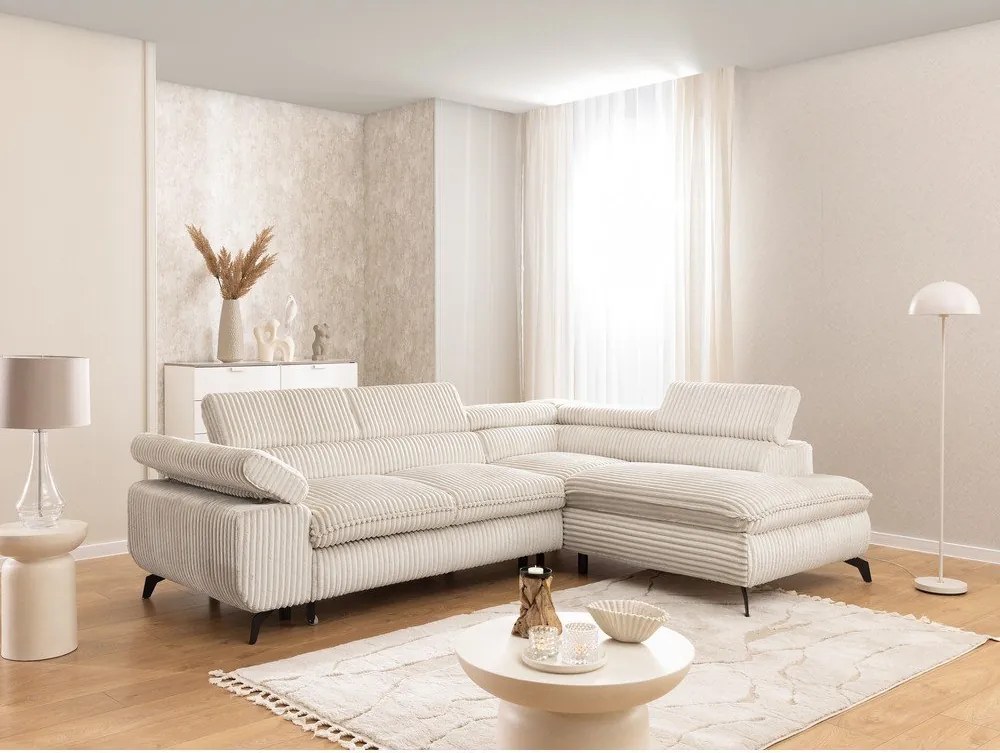 Divano angolare color crema (con penisola a destra/a L) con rivestimento in velluto a coste Marbeya – Ropez