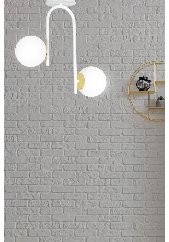Lampadario 2 Luci Kalf In Acciaio Bianco A Bracci E Sfere In Vetro Opalino E Oro