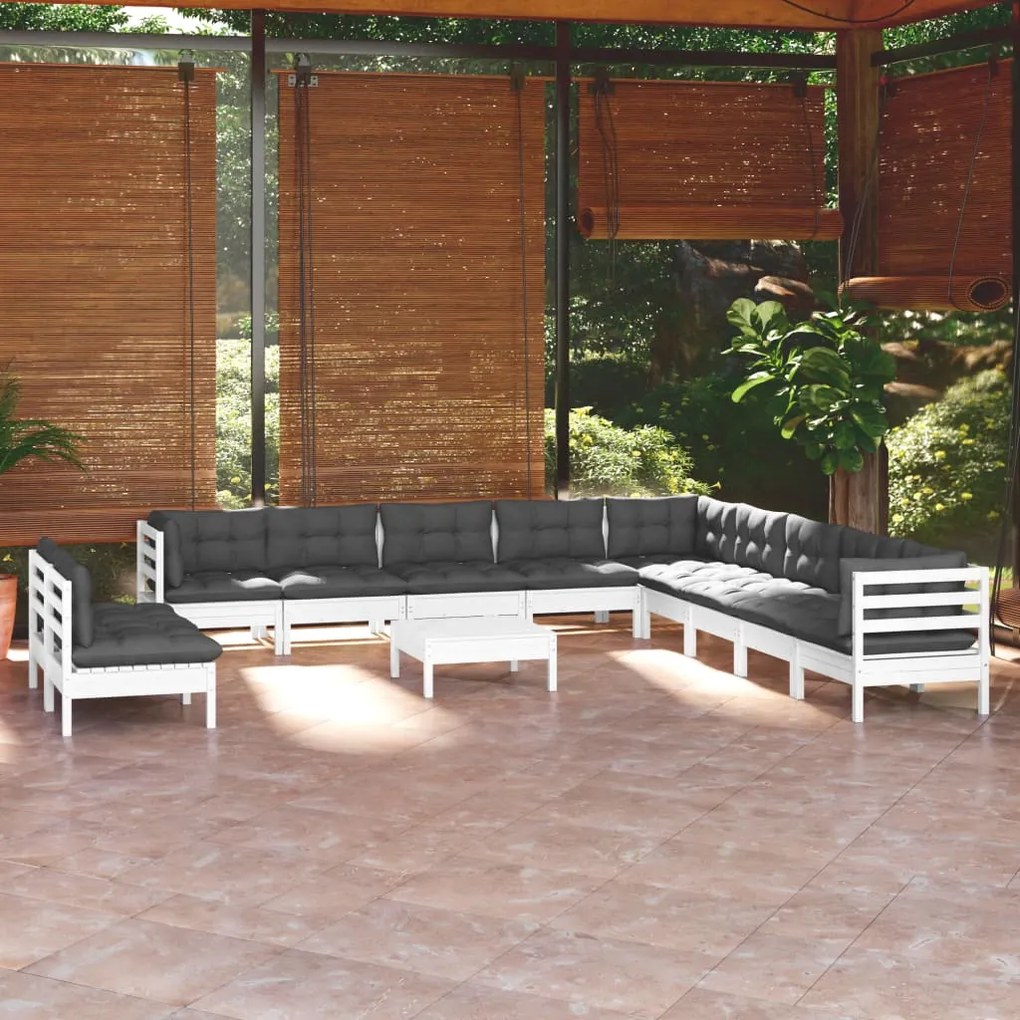 Set divani da giardino 12 pz con cuscini bianchi legno di pino