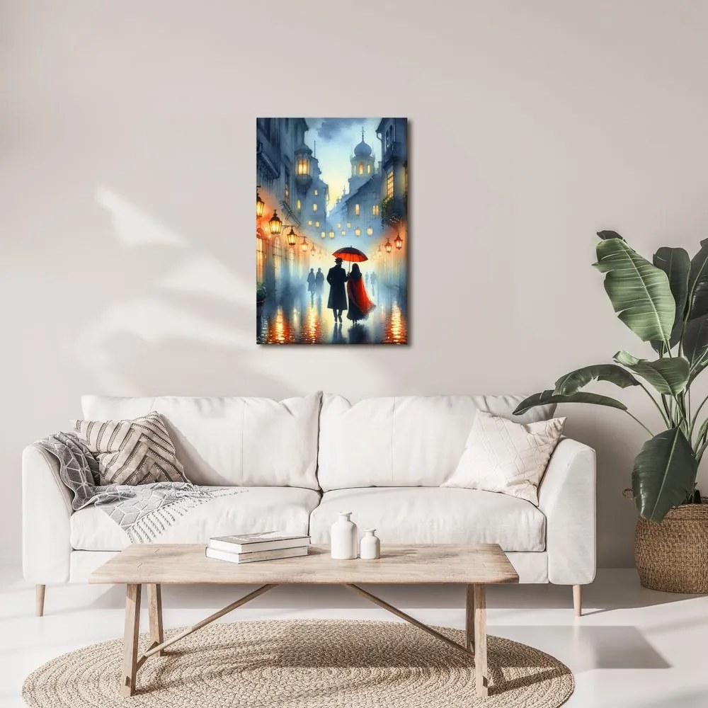 Quadro su tela – Innamorati sotto la pioggia tra edifici storici