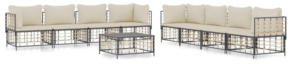 Set divani da giardino 9 pz con cuscini antracite in polyrattan