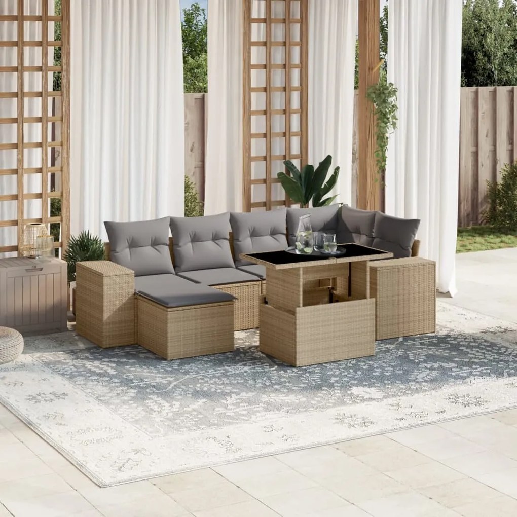 Set divani da giardino 7 pz con cuscini beige in polyrattan