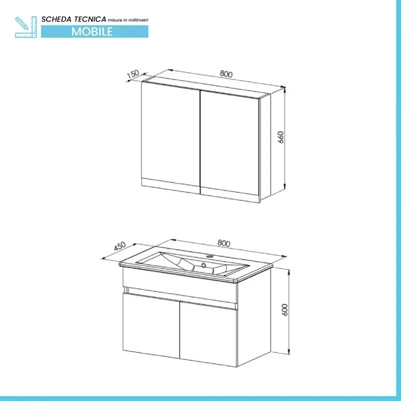 Mobile bagno sospeso 80 cm rovere scuro con specchio contenitore Mona