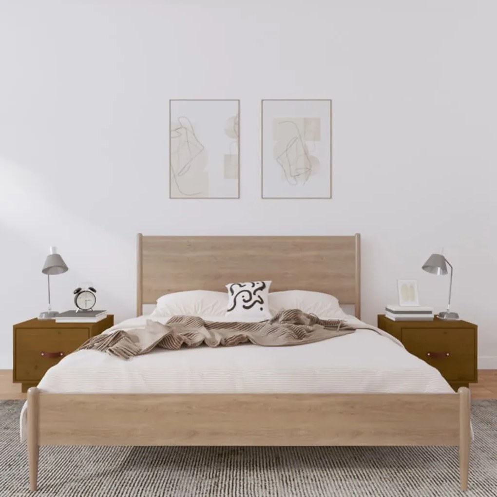 Comodini 2 Pz Ambra 40x34x35 Cm İn Legno Massello Di Pino /