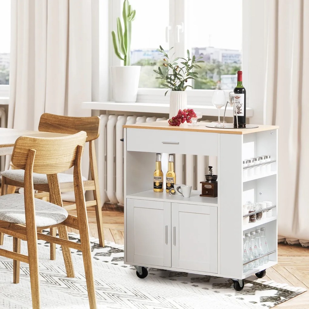 Costway Isola da cucina su ruote con portaspezie cassetto grande armadietto a 2 porte, Carrello da cucina rotante 2 Colori