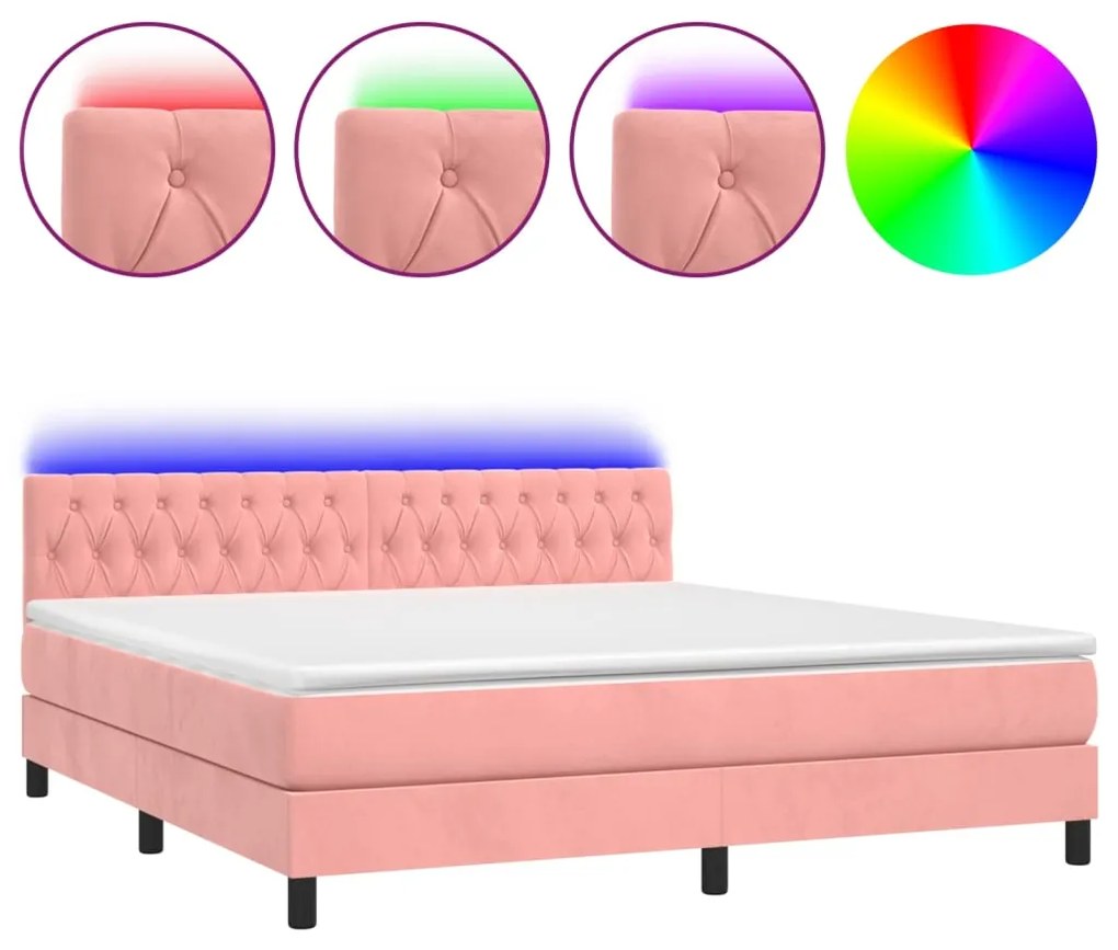 Letto a Molle con Materasso e LED Rosa 160x200 cm in Velluto