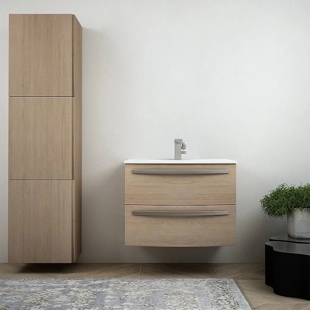 Mobile bagno rovere tabacco sospeso 75 cm design tondo - Berlino con colonna da 170 cm