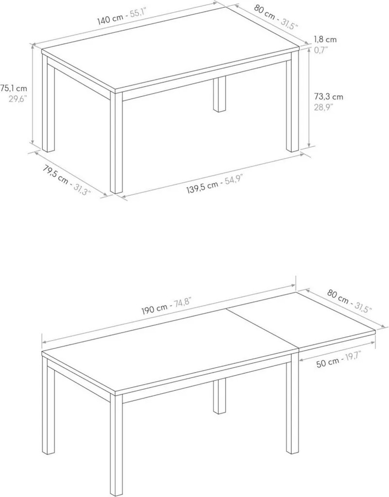 Tavolo TROPEA in legno, finitura bianco frassinato e base in metallo verniciato antracite, allungabile 140&#215;80 cm &#8211; 190&#215;80 cm