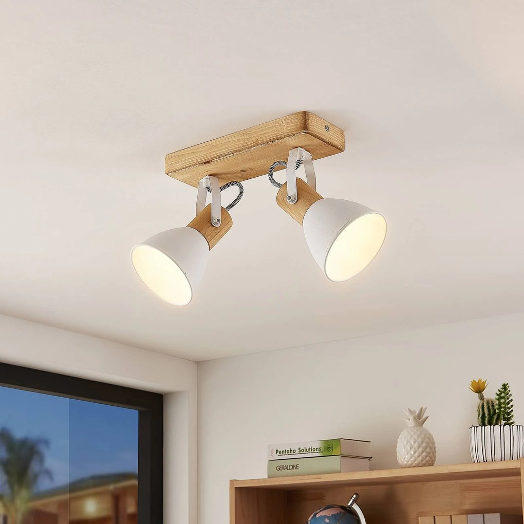 Lindby faretto da soffitto Merela, bianco, 28 cm, a 2 luci, legno, E14 Merela Lindby, dimmerabile, Legno chiaro, Soggiorno / Sala da pranzo, Legno, Scandinavo, Faretto