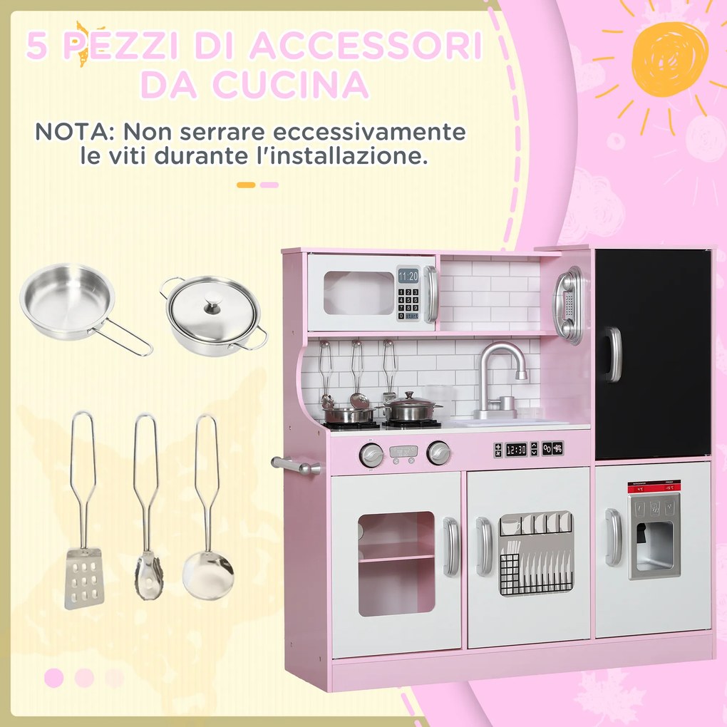 Cucina Giocattolo per Bambini 3-8 Anni con Fornelli Microonde Lavandino in Legno Rosa...