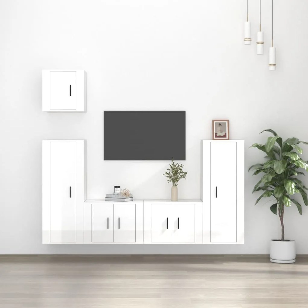 Set di mobili porta tv 5 pz bianco lucido in legno multistrato