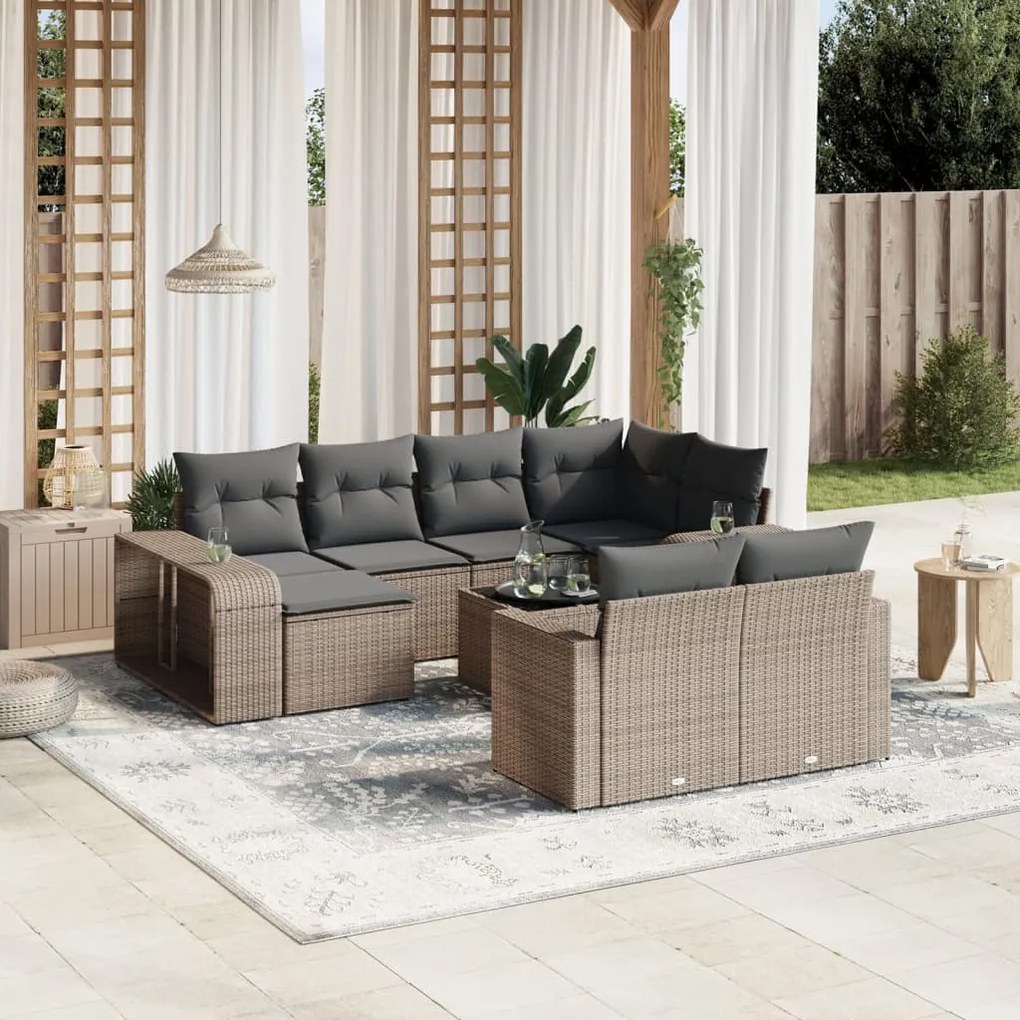 Set divani da giardino 11 pz con cuscini in polyrattan grigio