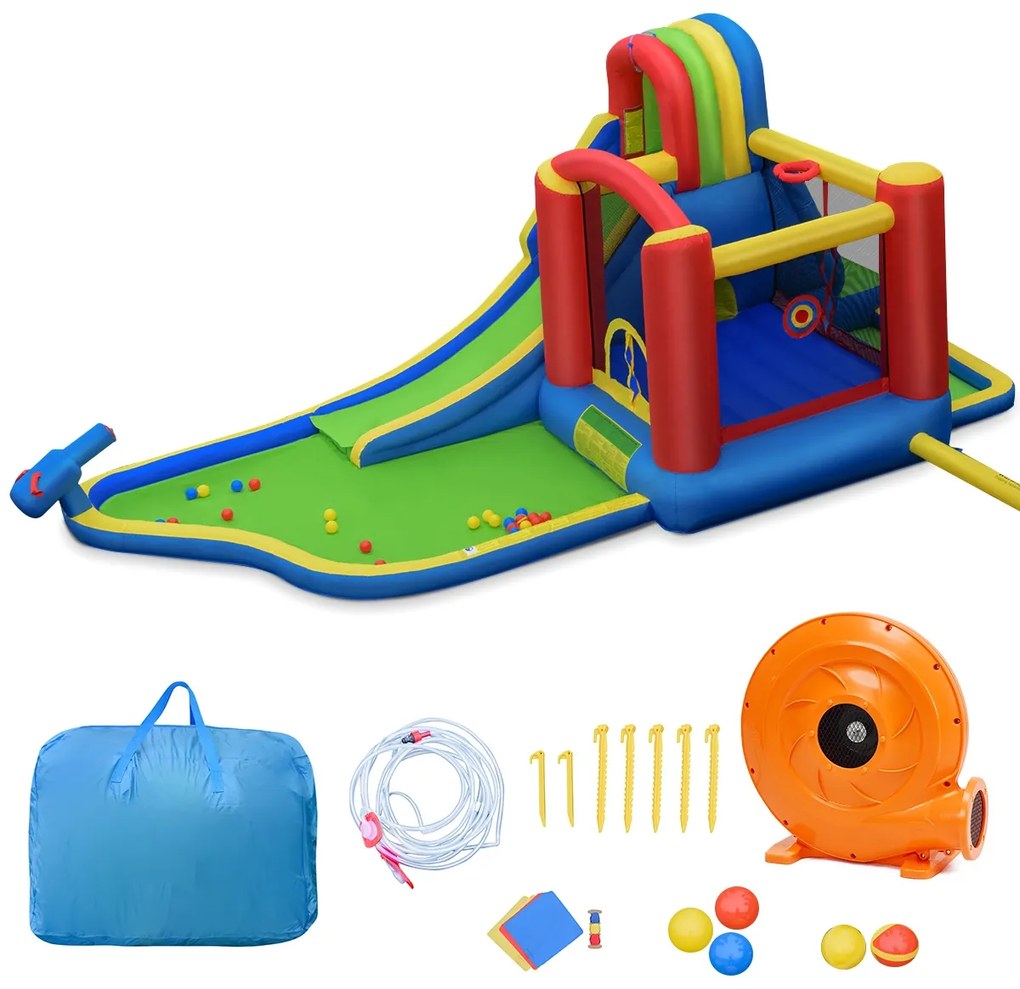 Costway Parco acquatico gonfiabile con scivolo e compressore, Casa gonfiabile con piscina grande per bambini 3-10 anni