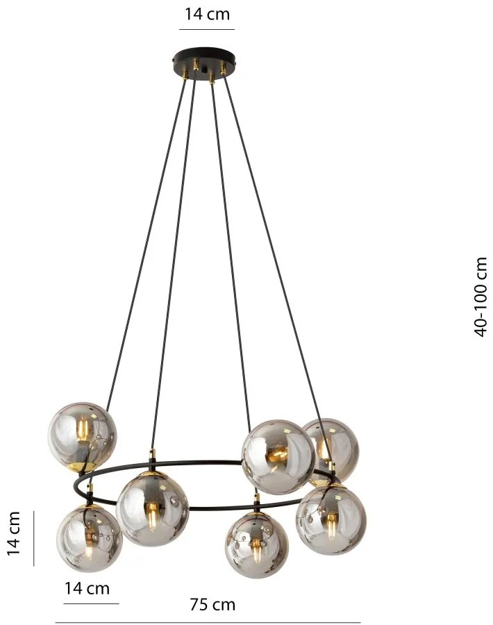 Lampadario a Sospensione AZURA 8 in Acciaio e Vetro 8xE14 Colore del corpo Nero e Grafite