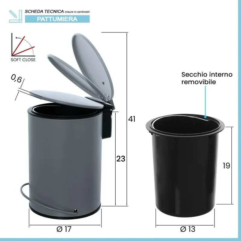 Pattumiera in acciaio 3 litri grigio soft-close con secchio estraibile Spring