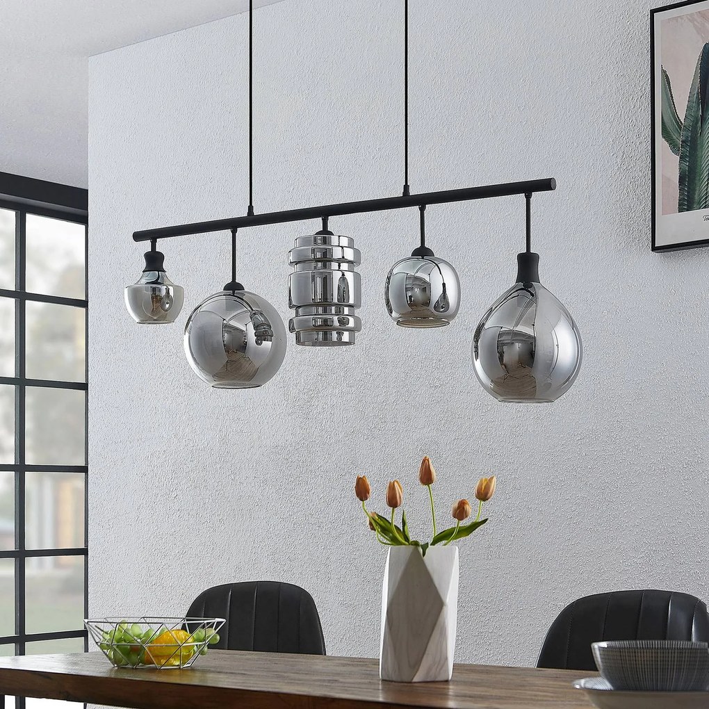 Lampada a sospensione in vetro Mateno Lindby, dimmerabile, Alluminio / Grigio / Zincato, Soggiorno / Sala da pranzo, Vetro, Vintage, Lampada a sospensione