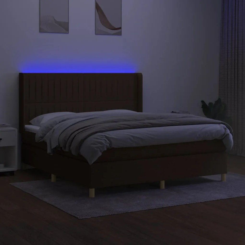 Letto a molle materasso e led marrone scuro 160x200 cm tessuto