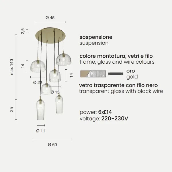 Lampadario a sospensione PUCK D60 cm in vetro soffiato rigato TRASPARENTE