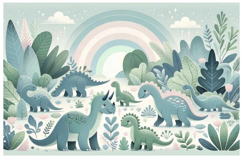 Quadro su tela – Dinosauri felici in una foresta da favola